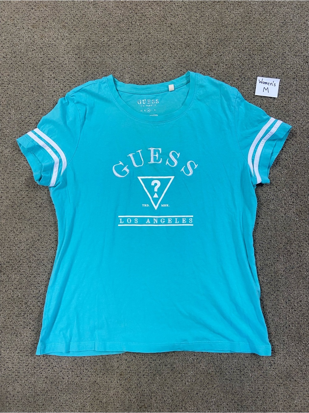 GUESS Women's Turquoise Los Angeles Logo Tee with White Stripes